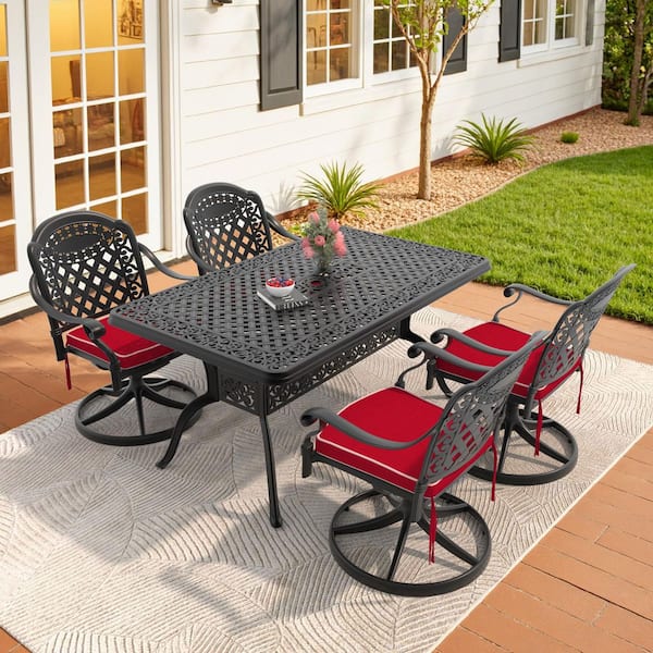 Vintage 5-Piece Cast Aluminum Patio Outdoor Dining Set with Rectangular Dining Table, 4 Swivel Chairs and 4 Red Cushions