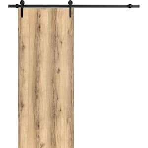 0010 30 in. x 96 in. Flush Oak Finished Wood Sliding Barn Door with Hardware Kit Black