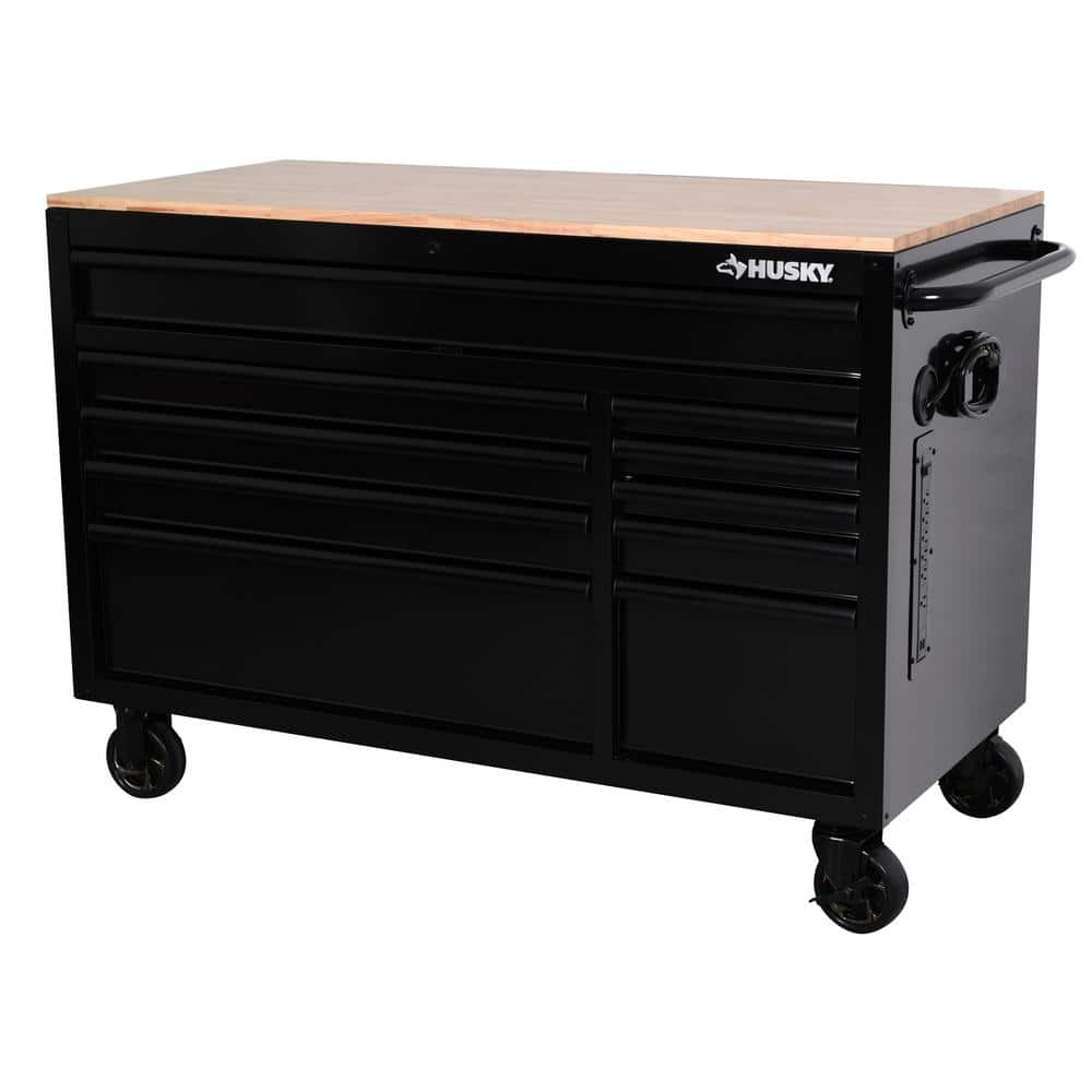 Husky 52 in. W x 24.5 in. D Standard 10-Drawer Mobile Workbench Tool Chest with Solid Wood Top in Gloss Black, Gloss Black with Black Finishes