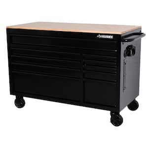 52 in. W x 24.5 in. D Standard 10-Drawer Mobile Workbench Tool Chest with Solid Wood Top in Gloss Black