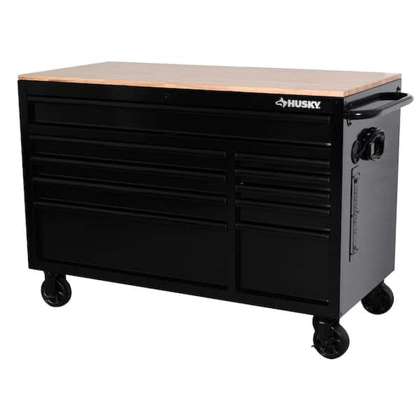 Husky 52 in. W x 24.5 in. D Standard 10-Drawer Mobile Workbench Tool Chest with Solid Wood Top in Gloss Black