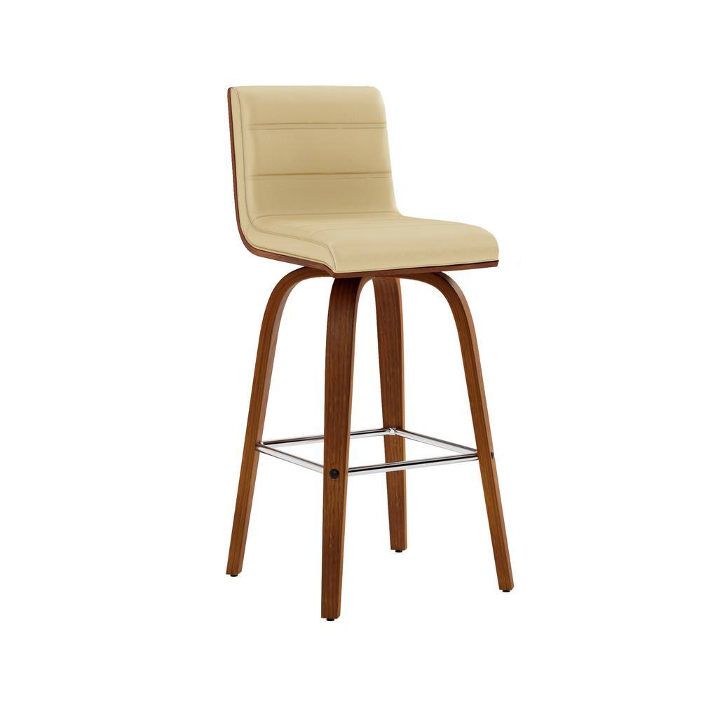 26" Cream Faux Leather and Walnut Wood Swivel Bar Stool