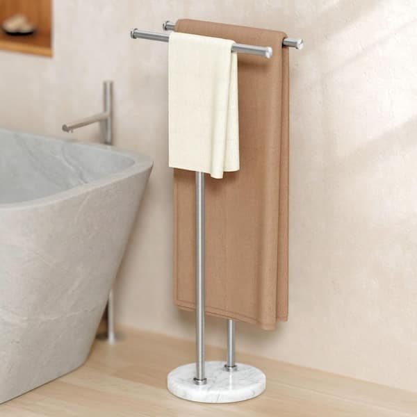 Free-Standing Double T-Shape 2-Bar Towel Rack with 10 lb. Load Natural Marble Base in Brushed Stainless Steel
