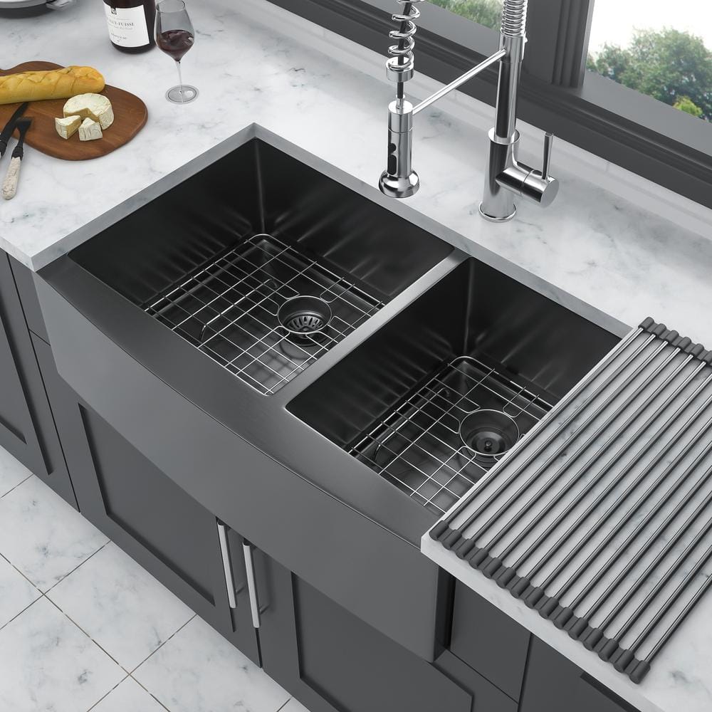 33 in. Farmhouse Double Bowl(60/40) 16-Gauge Gunmetal Black Stainless Steel Kitchen Sink with Bottom Grids price history on PriceWatchPro