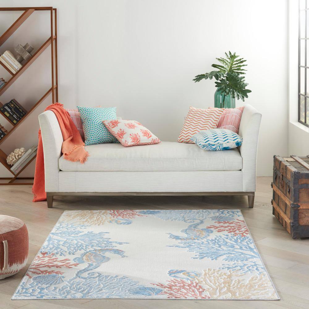 Ivory and Multicolor Geometric Nautical 5' x 7' Synthetic Rug