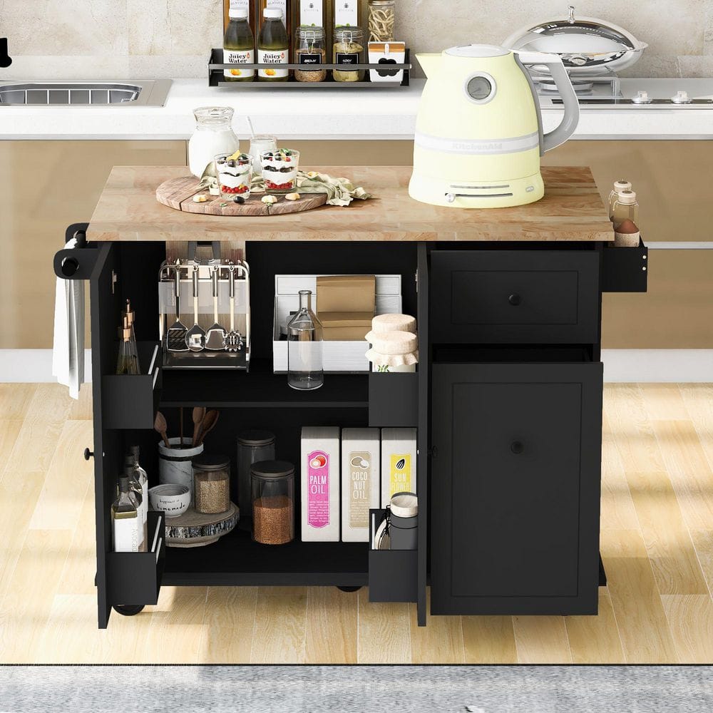 Black Rubber Wood Kitchen Cart with Spice Rack and Towel Rack