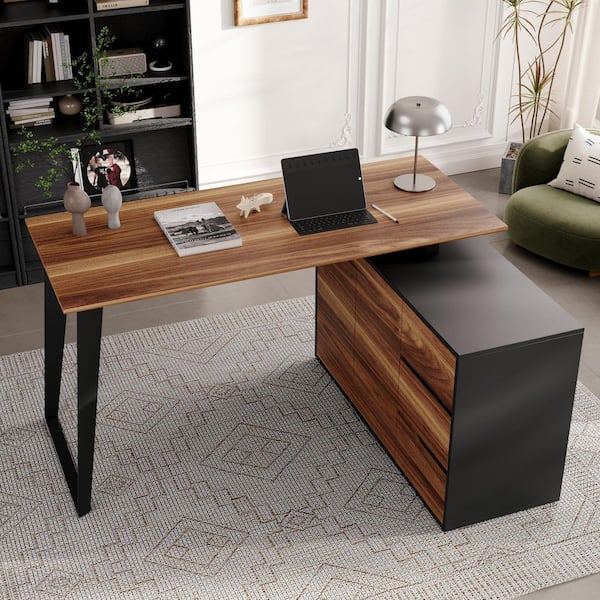 テーブル・机 fu3 FUFU&GAGA 54.3 in. Rectangular Black Wood 3-Drawer Desk with 2