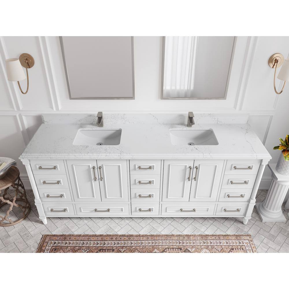 Hudson 84" White Solid Wood Double Sink Freestanding Vanity with Quartz Top