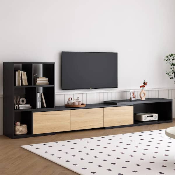Nestfair Black Extendable TV Stand Fits TVs up to 110 in. with Storage Cabinets and 3 Tier Bookshelves