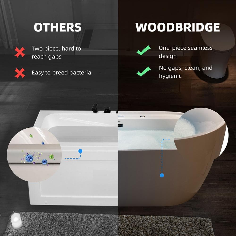 72" White Acrylic Freestanding Heated Whirlpool Tub