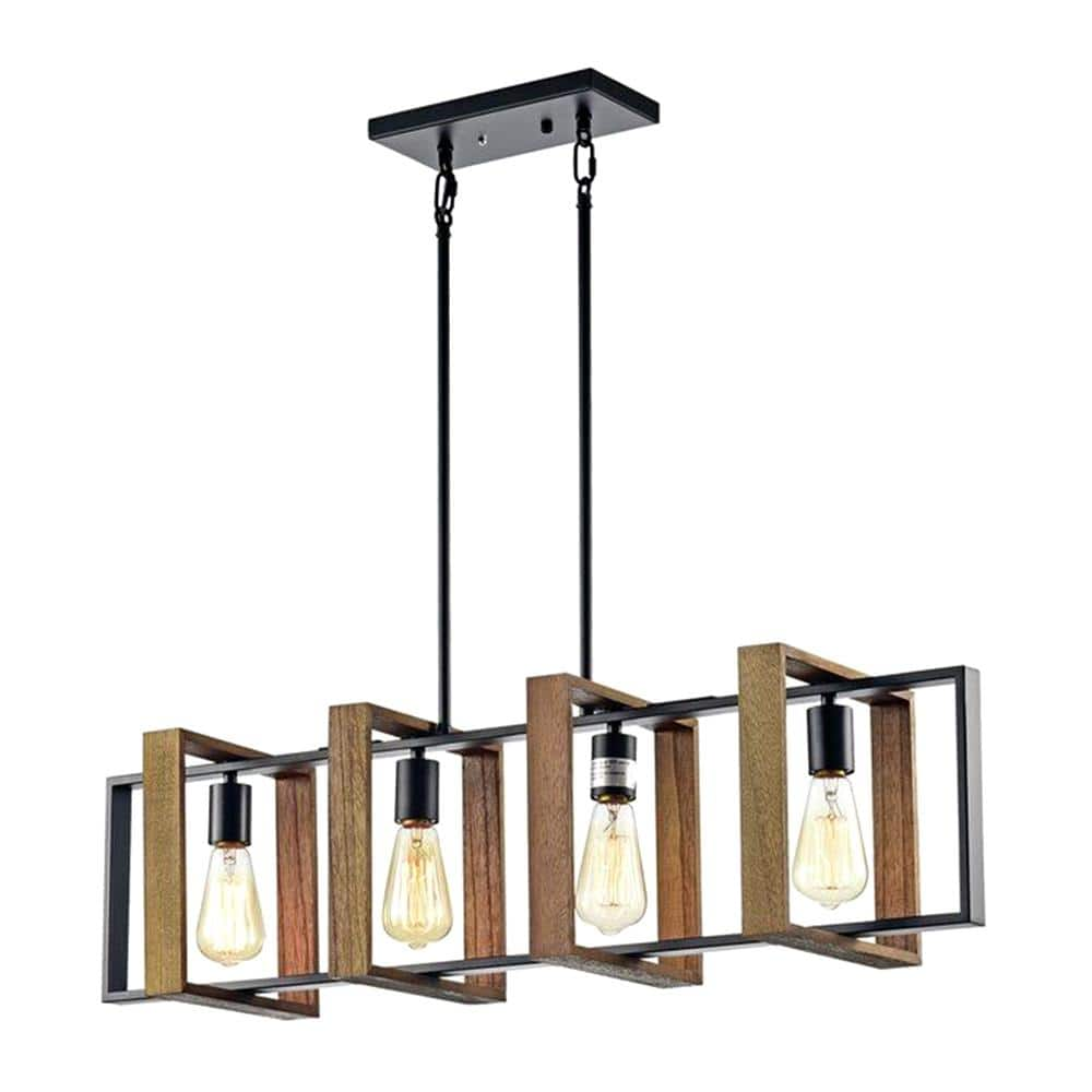 YANSUN 4-Light Matte Black and Barnwood Accents Linear Kitchen Island Chandelier