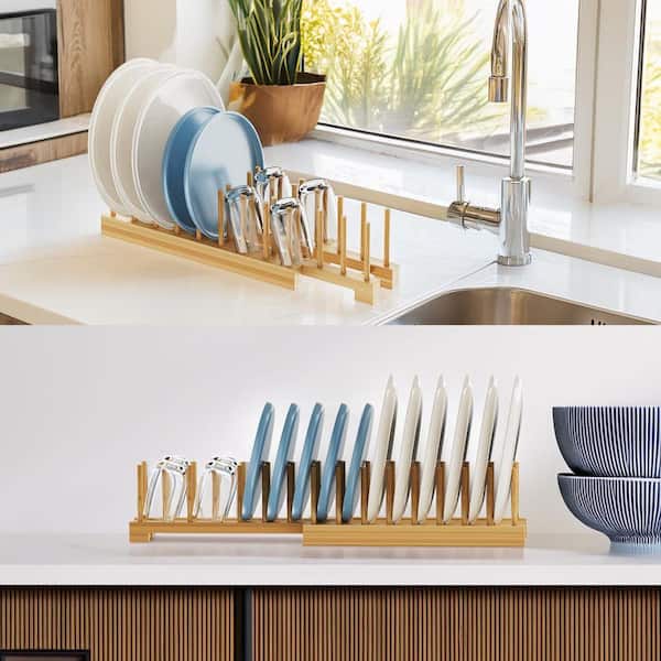 Natural Bamboo Expandable Plate Rack Dish Drying Rack Adjustable Organizer for Kitchen Cabinets and Countertops