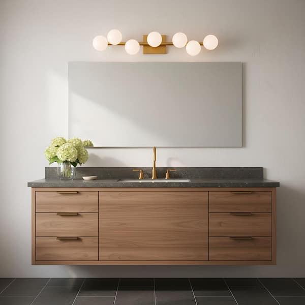 Studio Altair 32 in. 7-Light Burnished Brass Bathroom Vanity Light with Milk Glass Shades