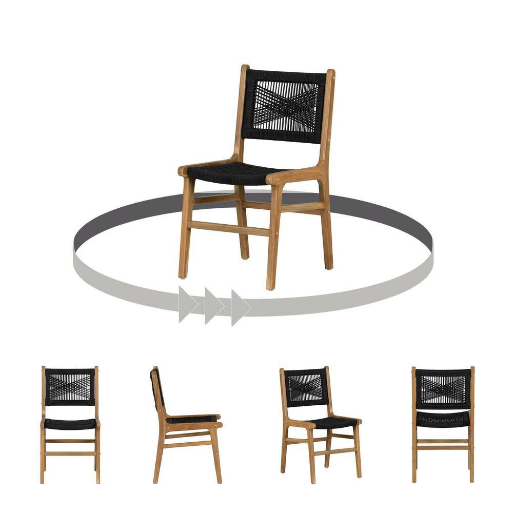 Rattan and Teak Low Back Dining Side Chair Set