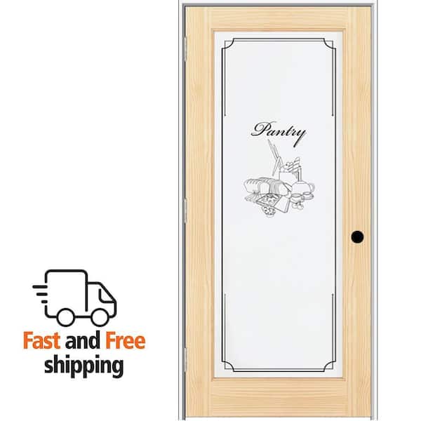 32 in. x 80 in. Right Hand Unfinished Pine Full-Lite Frost Pantry Design Single Prehung Interior Door