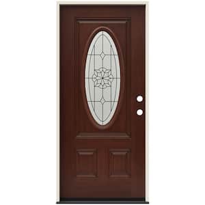 36 in. x 80 in. Left-Hand 3/4 Oval McAlpine Decorative Glass Amaretto Stain Fiberglass Prehung Front Door w/Brickmould