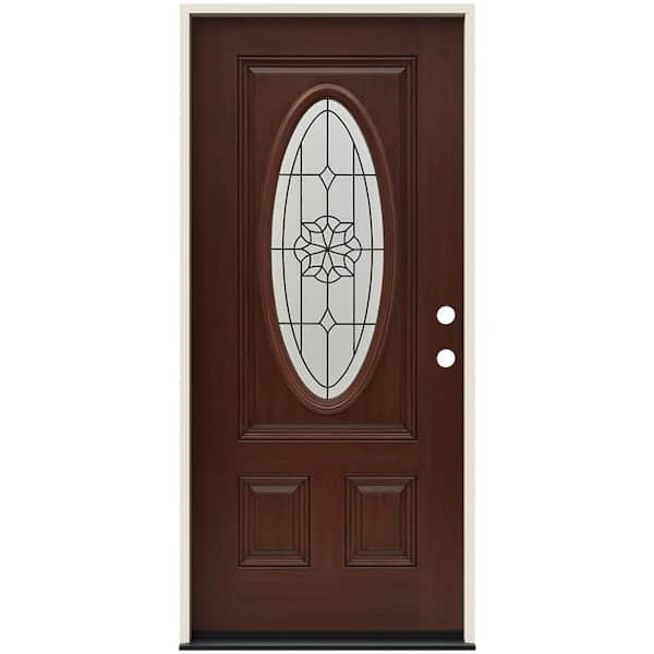 JELD-WEN 36 in. x 80 in. Left-Hand 3/4 Oval McAlpine Decorative Glass Amaretto Stain Fiberglass Prehung Front Door w/Brickmould