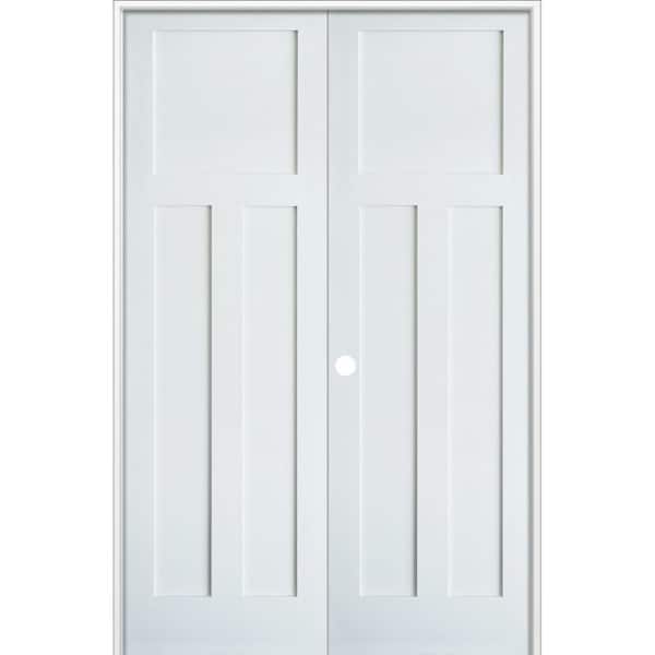 Krosswood Doors 56 in. x 96 in. Craftsman Shaker 3-Panel Right Handed MDF Solid Core Primed Wood Double Prehung Interior French Door