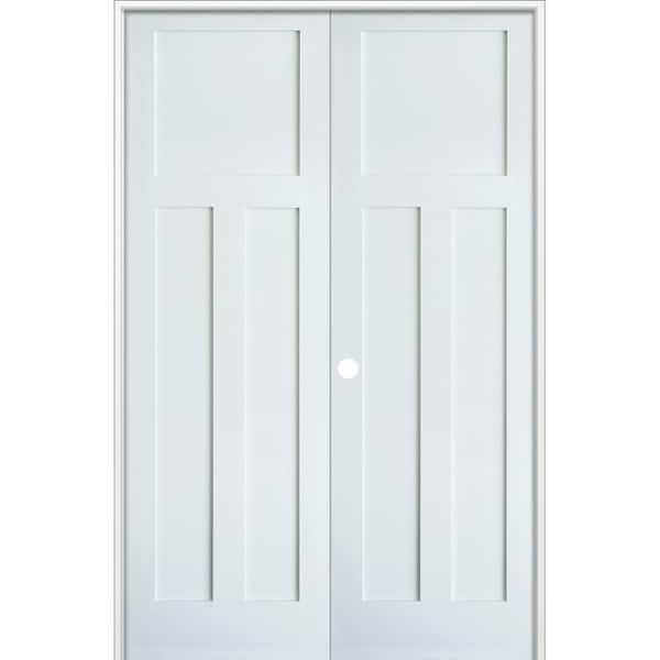 64 in. x 96 in. Craftsman Shaker 3-Panel Right Handed MDF Solid Core Primed Wood Double Prehung Interior French Door