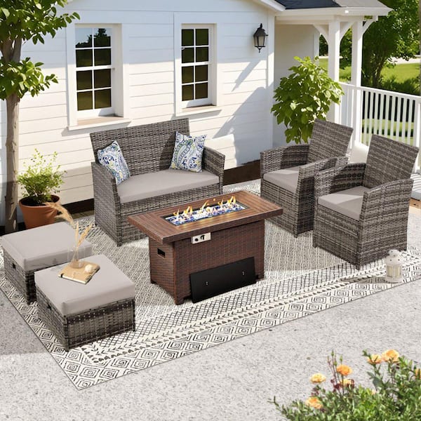 MIRAFIT 6-Pieces Wicker Outdoor Patio Sectional Conversation Seating Set with Gray Cushions