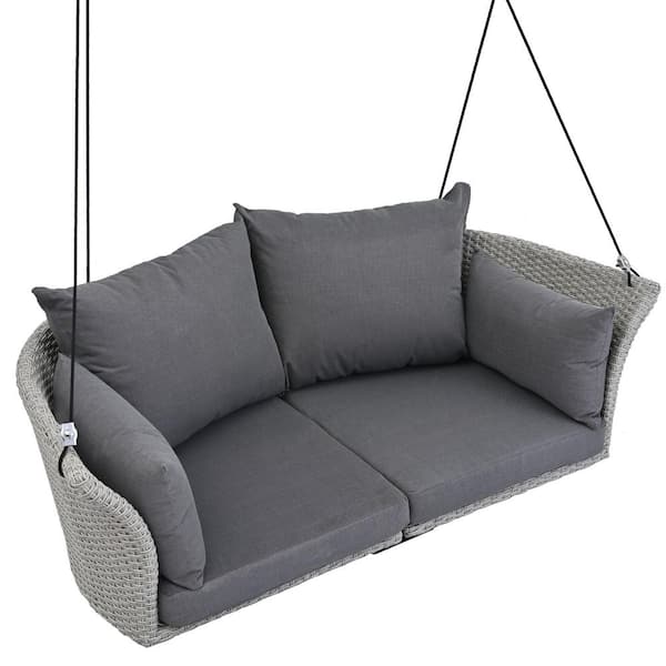 Cesicia 2-Person Gray Wicker Porch Swing Chair with Gray Cushion and Ropes
