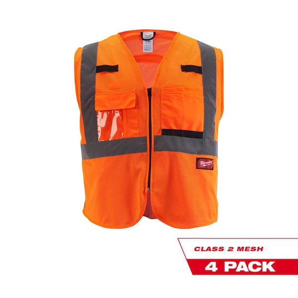 Milwaukee Small/Medium Orange Class 2 Mesh High Visibility Safety Vest with 9-Pockets (4-Pack)