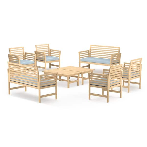 Yuri 8-Piece Wood Patio Conversation Set with Blue Cushions