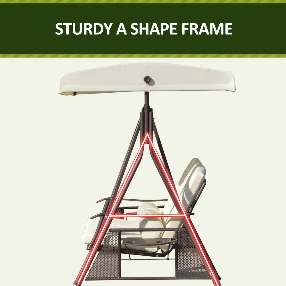 Beige 2-Person Adjustable Canopy Patio Swing with Cushions and Tray