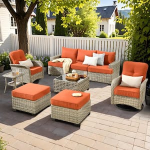 Torino Gray 9-Piece Modern Wicker Patio Conversation Deep Seating Set with Swivel Rocking Chairs and Orange Red Cushions