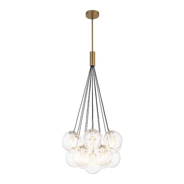 Galaxy 13-Light 20 in. Brass Modern Foyer Chandelier Linear Globe Cluster Bubble Chandelier with Seeded Glass Shades