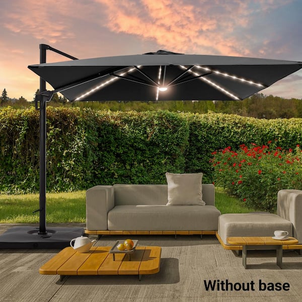 Sonkuki 10 ft. Aluminum Pole Cantilever Solar LED Patio Umbrella 360° Rotation and Infinite Canopy Angle Adjustment in Black