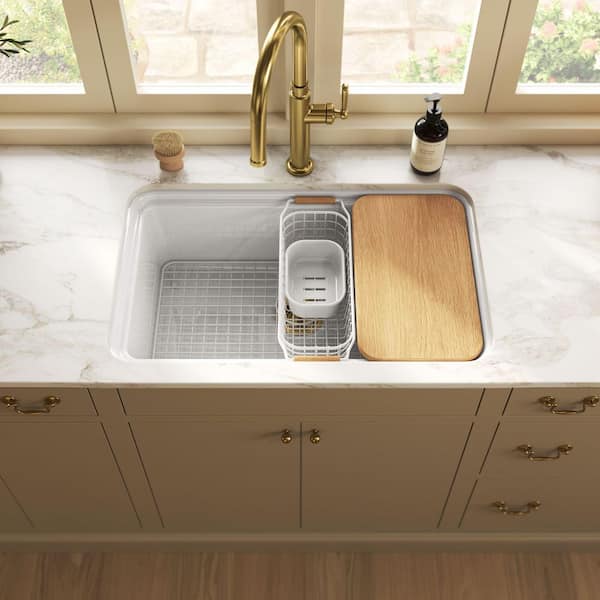 Audrine 30 In. Undermount Single Bowl Fireclay Workstation Kitchen Sink In White