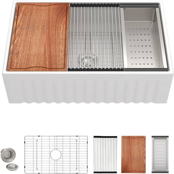 33 in. White Ceramic Porcelain Fireclay Apron Front Farmhouse Kitchen Sink, Single Bowl Workstation, with Accessories