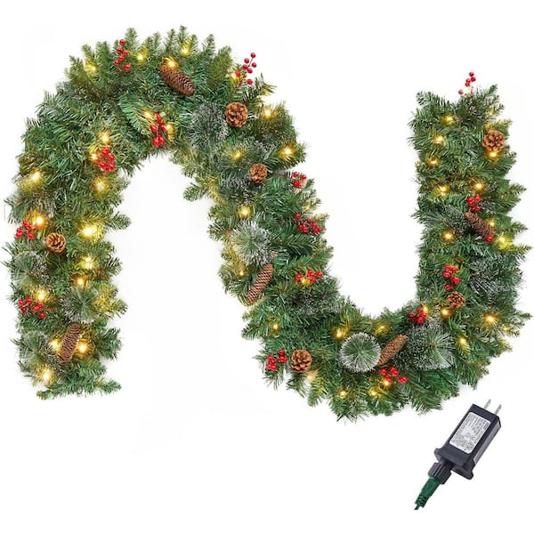 Indoor/Outdoor Pre-lit Plug in 9 ft. Pine Artificial Garland with Warm White LED Lights
