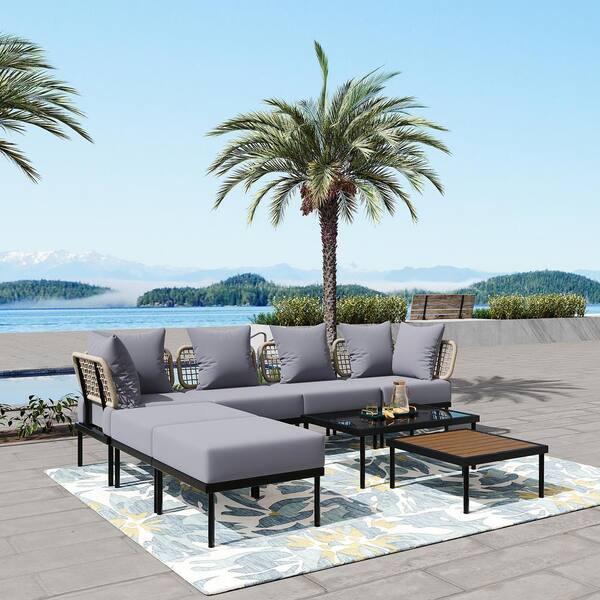 Unbranded 8-piece Metal Outdoor patio Sectional sofa set with tempered glass and wood coffee table, light grey Cushions