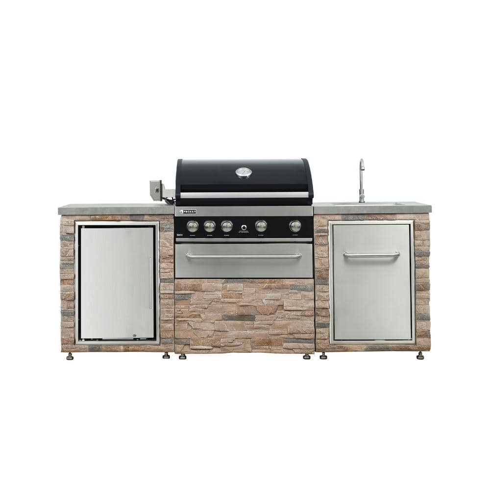 Desert Sunrise 86.7" Brown Propane Grill Island with Sink and Fridge