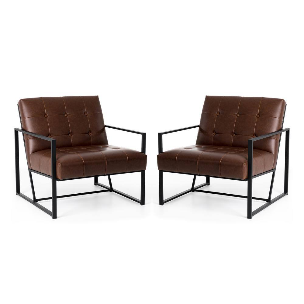 Set of 2 Brown Faux Leather and Metal Accent Chairs