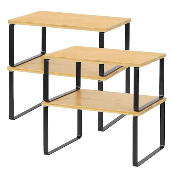 Stackable 4 Shelf Black and Natural Countertop Spice Jar and Rack Set with Metal and Wood Construction