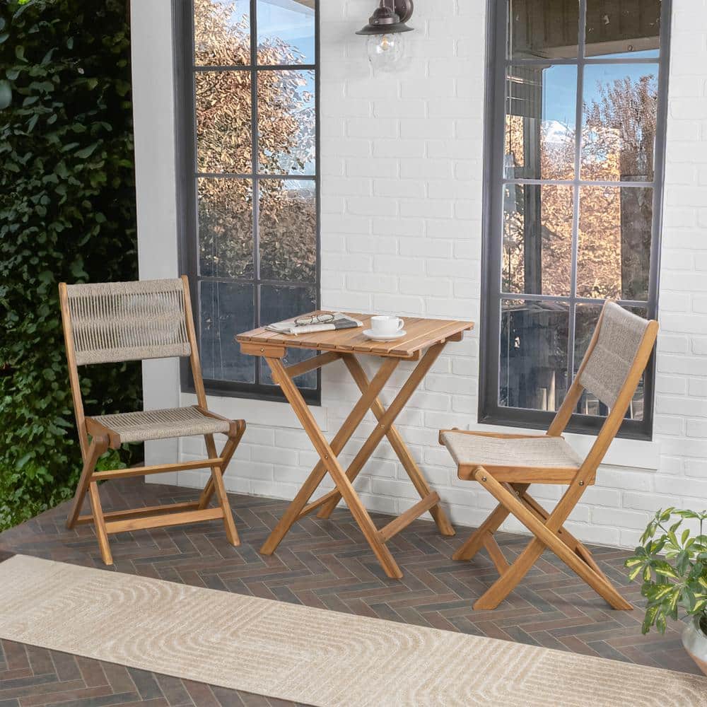Beige and Teak Brown Acacia Wood Outdoor Folding Bistro Set