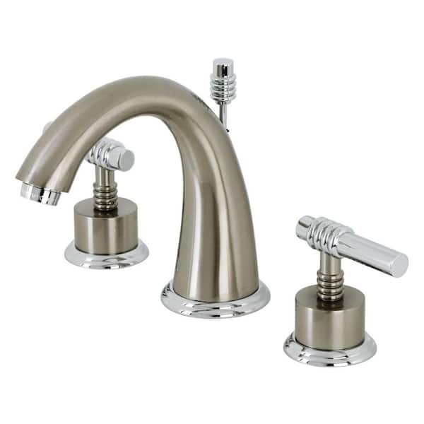 Kingston Brass Milano 8 in. Widespread 2-Handle Bathroom Faucets with Brass Pop-Up in Brushed Nickel/Polished Chrome