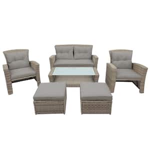 6-Piece Brown Wicker Patio Conversation Set with Gray Cushions, Coffee Table and Ottoman for Garden, Backyard, Pond