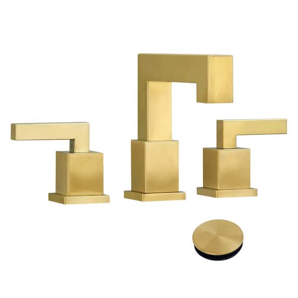Fapully Deck Mount Square Double Handles High Arc 8 in. Widespread Double Handle Bathroom Faucet with Drain Kit in Brushed Gold