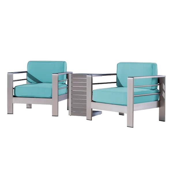 Noble House Cape Coral Silver 3-Piece Aluminum Patio Conversation Set with Canvas Aruba Sunbrella Cushions