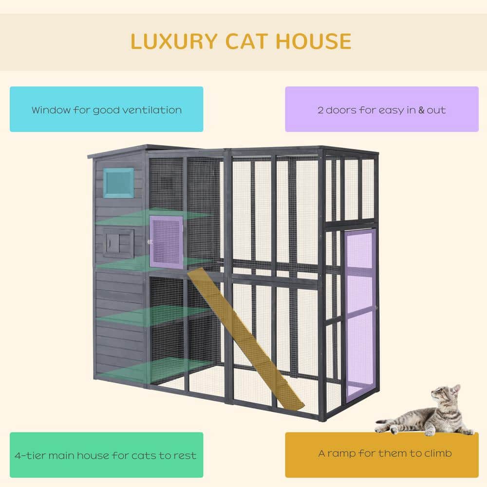 Gray Wooden Outdoor Cat House with Platforms and Ramps
