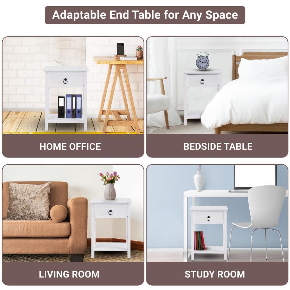 12 in. White Wood Rectangle End Table with Drawer and Shelf