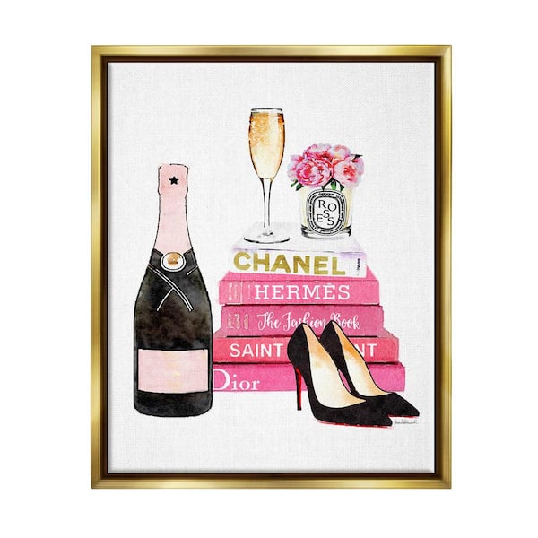 Framed Canvas Art (White Floating Frame) - Pink Books and Pink Champagne by Amanda Greenwood ( Holiday & Seasonal > Classroom Wall Art > Reading 