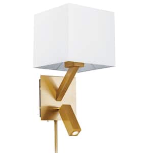 LED Reading-Light 7 in. 2-Light Aged Brass Transitional Wall Sconce with White Fabric Shade