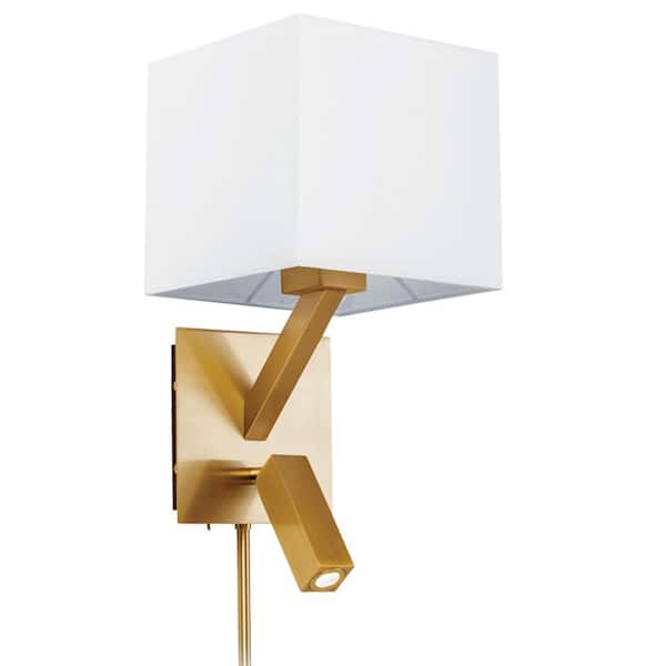 Dainolite LED Reading-Light 7 in. 2-Light Aged Brass Transitional Wall Sconce with White Fabric Shade