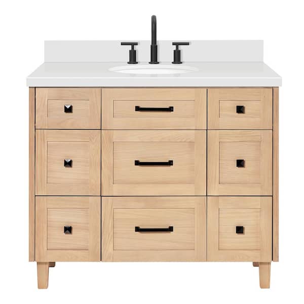 Monroe 42 in. Single Sink Freestanding Bathroom Vanity in Oak with Pure White Quartz Top