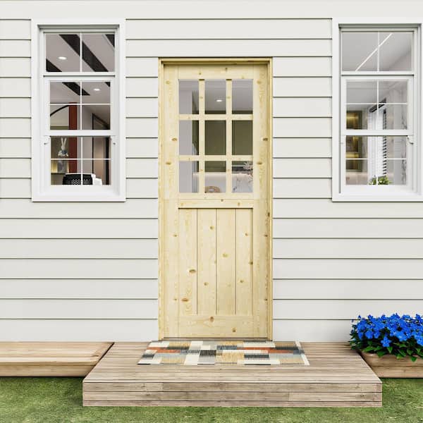30 in. x 80 in. Solid Pine Universal 9-Lite Clear Glass Unfinished Dutch Door Design Wood Front Door Slab